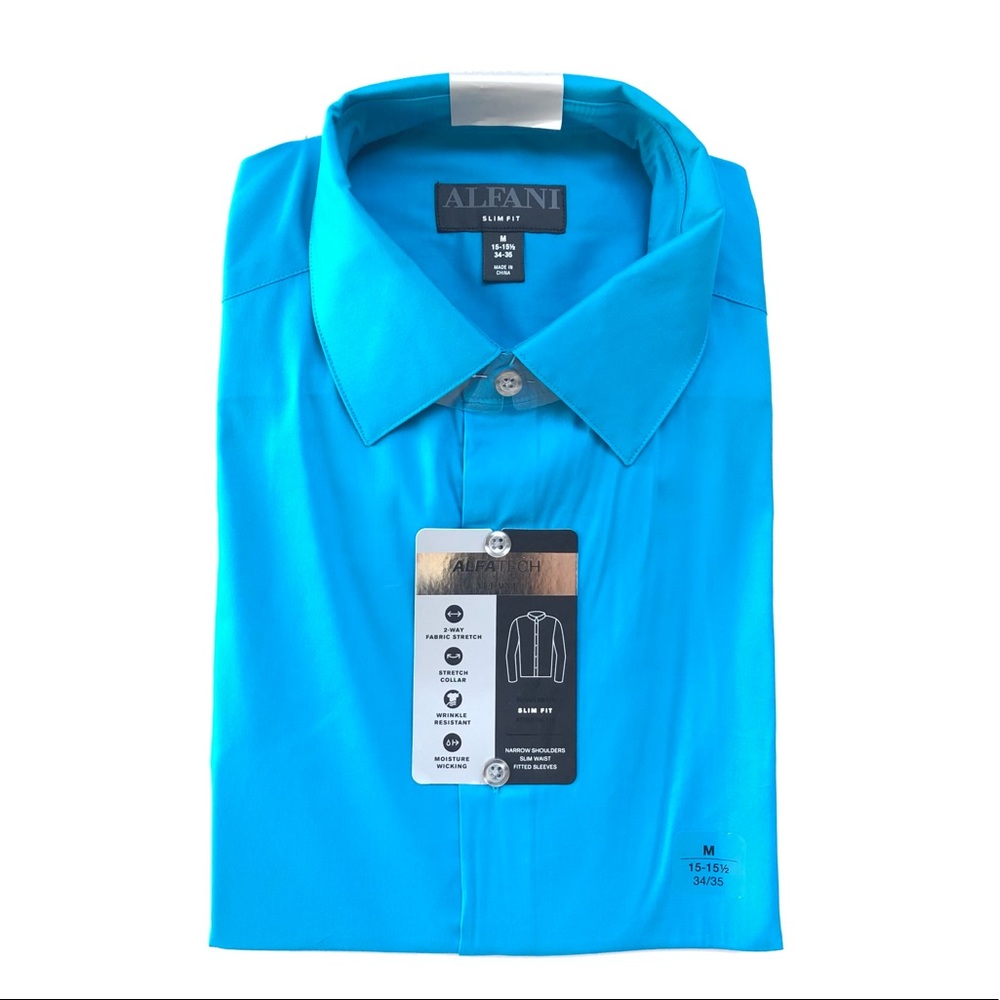 AlfaTech by Alfani Men’s Slim Fit Dress Shirt Aqua, M, 15-15 1/2- 34/35